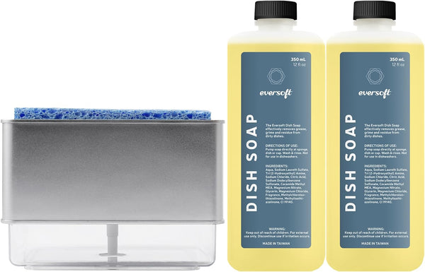 Countertop Liquid Dish Soap Dispenser + Sponge Holder with 2 x Refill Liquid Dish Soap Bundle