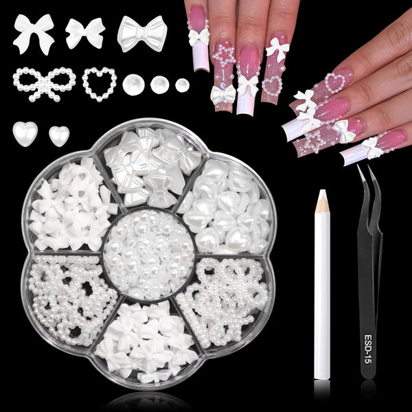 RODAKY Bow Nail Charms, White Heart Charms for 3D Bowknot Nail Art, Cute Kawaii Nail Decoration Accessories