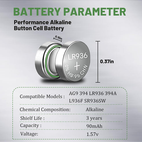 50 Pack SR936SW 394 Watch Battery,Replacement AG9, SR45, SG9, LR45 LR936 G9 194 1.55V Alkaline Button Cell Batteries