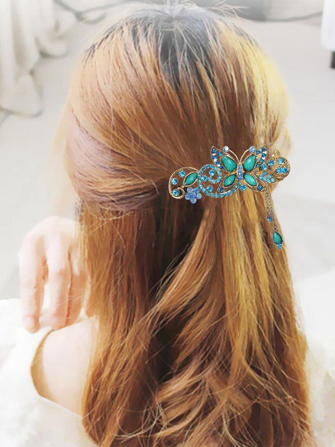 Women's Vintage Crystal Butterfly Hair Clip Head Wear- For Hair Clip Beauty Tools (Blue)