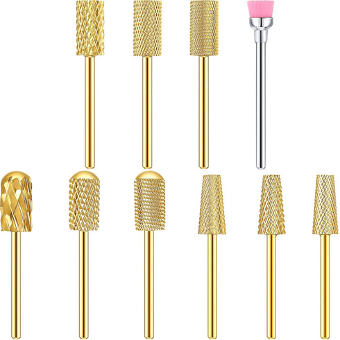 Honoson 10 Pcs Nail Drill Bits Set, 3/32 Inch Tungsten Carbide Bits for Nail Tech, Manicure Pedicure Tools (Gold)