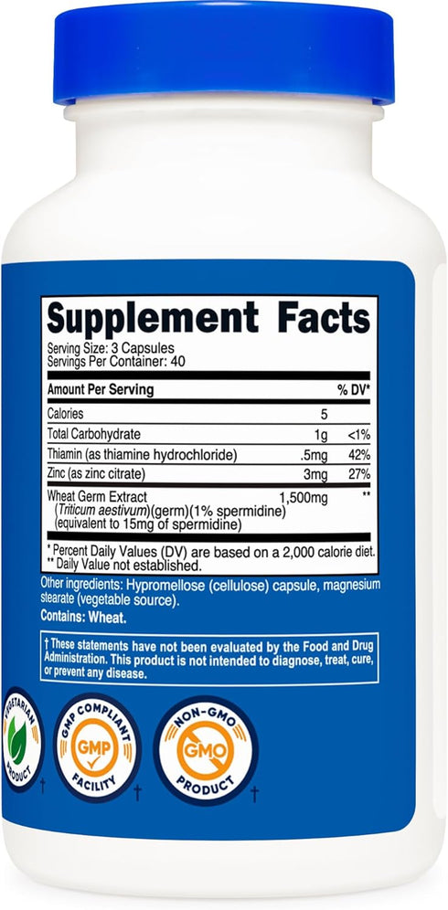 Nutricost Spermidine Wheat Germ Extract Supplement, 1500mg Wheat Germ Extract, 120 Capsules - 15mg Spermidine Per