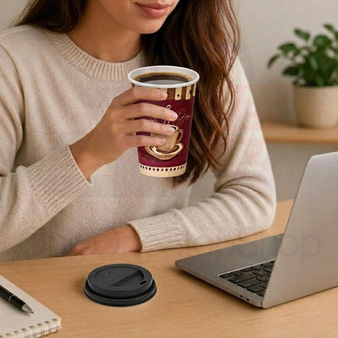 VeZee 16 oz 150 Count Disposable White Poly Paper Cups with Black Hinged Tab Lids | Insulated Coffee Tea Cocoa Soup