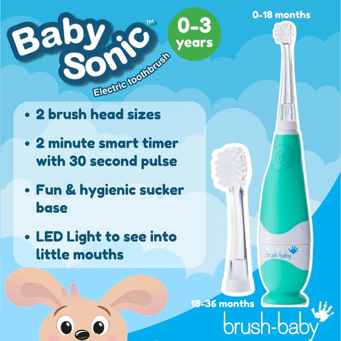 brush-baby BabySonic Electric Toothbrush for Ages 0-3 Years, Teal - Smart LED Timer & 2 Sensitive Brush Heads