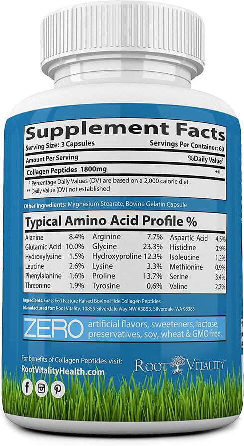 Collagen Peptides Capsules - Grass-Fed Hydrolyzed Protein Supplement for Skin, Hair, & Nails, 180 Capsules