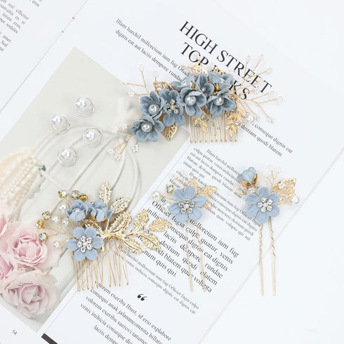 inSowni 20 Pack Classy Dusty Blue Flower Bridal Wedding Hair Side Combs, Floral Hair Pins, Twist Spiral Pearl Clips