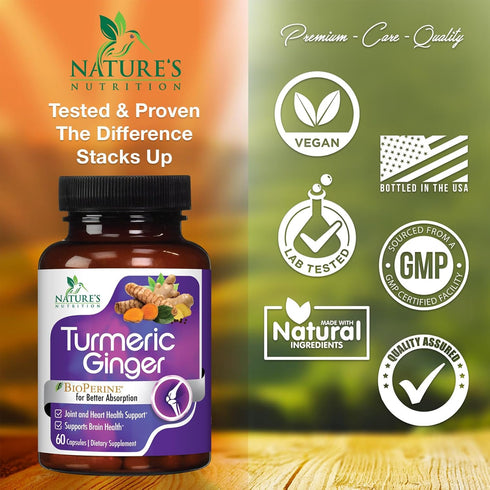 Nature's Tumeric Herbal Extract Supplement - Turmeric Curcumin with BioPerine Black Pepper & Ginger 2600mg, 60 Capsules