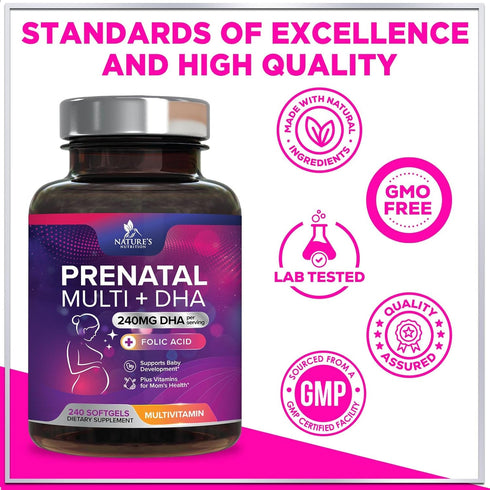 Women's Prenatal Multivitamin with Folic Acid + DHA, 240 Softgels for Fetal Support, Non-GMO