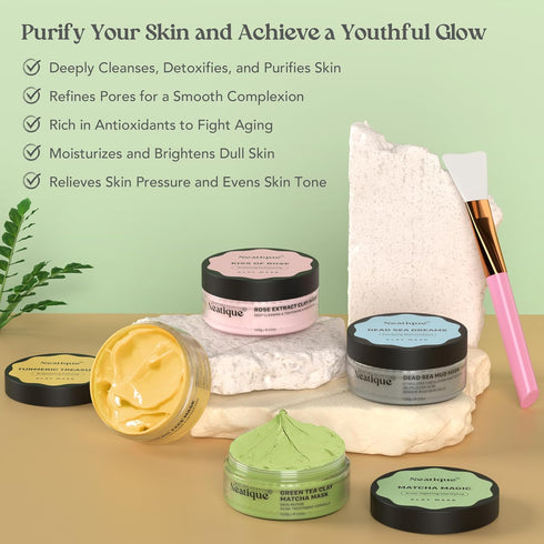 Neatique Face Masks Skincare Set, 480g (120gx4) High Capacity Facial Mask, Clay Mask Set with Turmeric w/Vitamin C, Green Tea, Rose and Dead Sea Mud, Deap Cleansing, Hydration and Pore Refinement