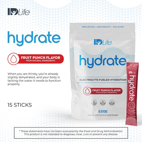 IDLife Hydrate (Fruit Punch) Instant Hydration Packets with Essential Electrolytes, 15 Sticks per Bag