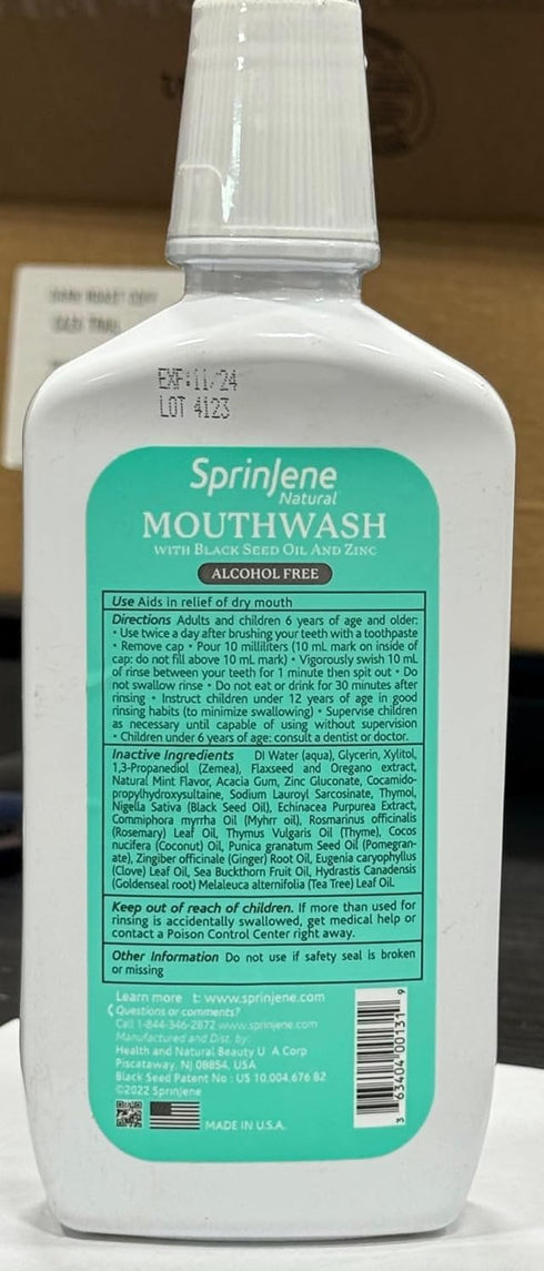 SprinJene Fluoride Free Mouthwash, Alcohol Free for Fresh Breath & Gum Health, 2PK with Black Seed Oil & Zinc