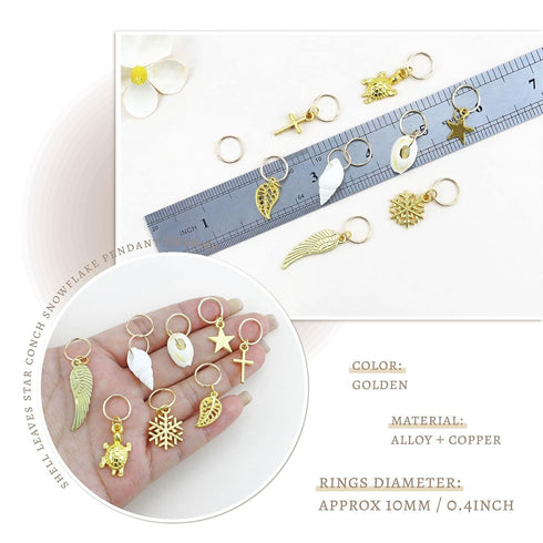 JIALEEY Hair Braid Rings, 50PCS Hair Loops Clips Gold Ring Shell Leaves Star Conch Snowflake Pendant Charms Set Hair