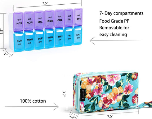Zumd Weekly Pill Organizer, 7 Day Pill Box with Cute Quilted Fabric Zipper Case, Travel AM PM Vitamin Organizer