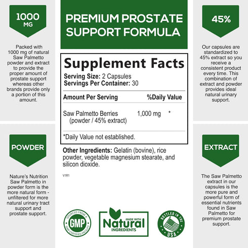 Saw Palmetto Extract Prostate Supplement - 1000 MG Saw Palmetto Supplement, Nature's Prostate Support Supplement for Men Health Support, Men's Prostate Urinary Health Support Supplement - 60 Capsules