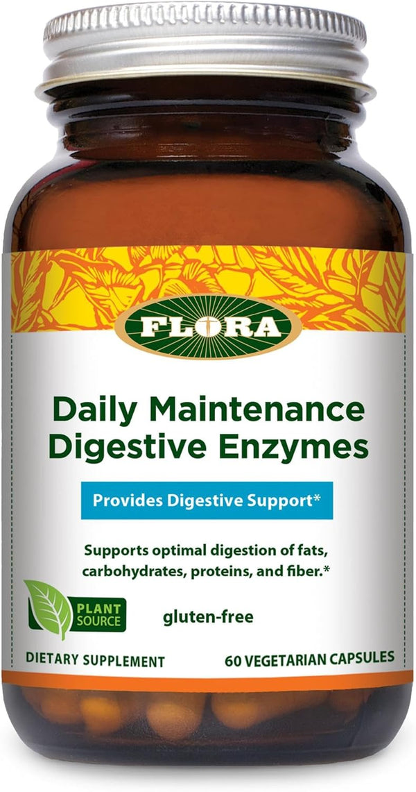 Flora Daily Maintenance Digestive Enzymes - 60 Vegetarian Capsules - Non-GMO & Gluten-Free - Aids Gas & Bloating - 7