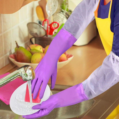 Reusable Long Sleeve Dishwashing Gloves, Latex Free with Cotton Lining, Kitchen Gloves 2 Pairs, Purple+Blue