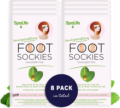 SpaLife 8-Pack Softening Care Foot Sockies - Spearmint & Tea Tree Oil Exfoliating Moisturizing Treatment