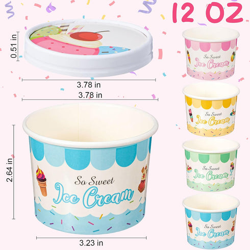 Jingmore 100 12oz Frozen Frozen Pcs Paper Ice Cream Cups with Lids, Disposable Sundae Dessert Bowls, Yogurt Containers
