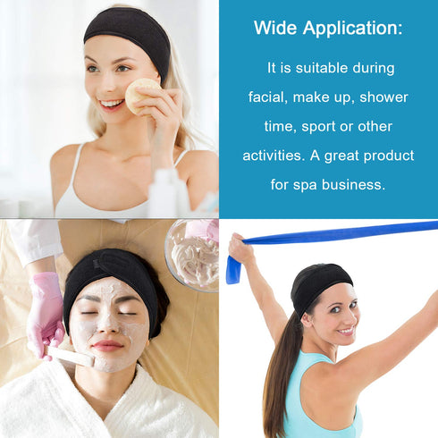 Whaline Terry Cloth Spa Facial Headband Wrap, 4 Counts Stretch Towel for Bath, Makeup, and Sport (Black)