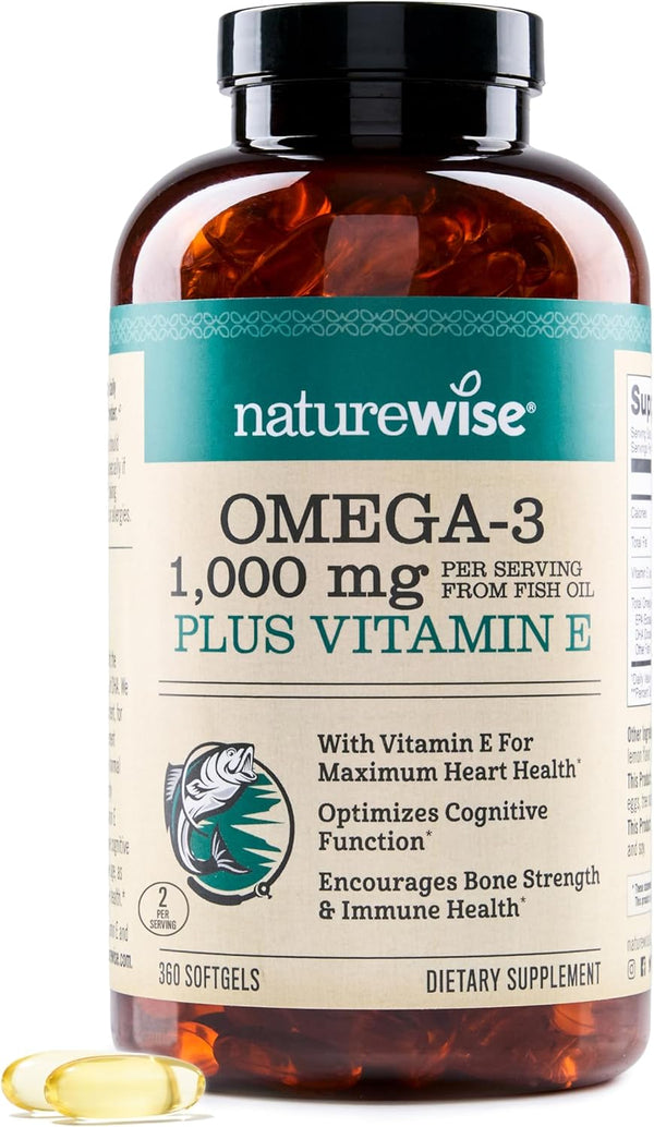 NatureWise Extra-Strength Omega 3 Fish Oil Supplement - 1000mg, 600 EPA & 400 DHA, Vitamin E - 360 Softgels, Lemon