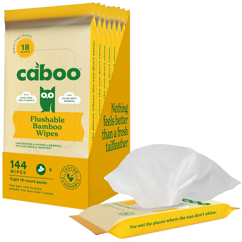 Pack 8, 144 Caboo Tree Free Flushable Wipes, Travel Wipe, Certified Flushable, Septic Safe, Biodegradable Wipe