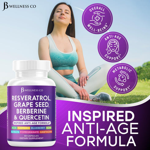 JB Wellness Co 180 JB Wellness Resveratrol, Grape Seed Extract, Berberine, Quercetin - Polyphenol Supplement for Women