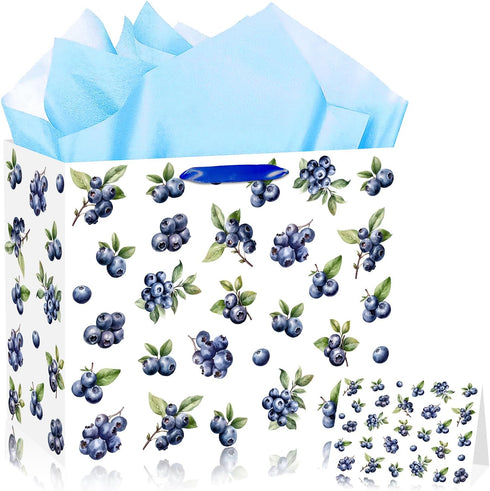 JORHANCE Blueberry Gift Bags with Wrapping Paper & Birthday Card - Large Bag