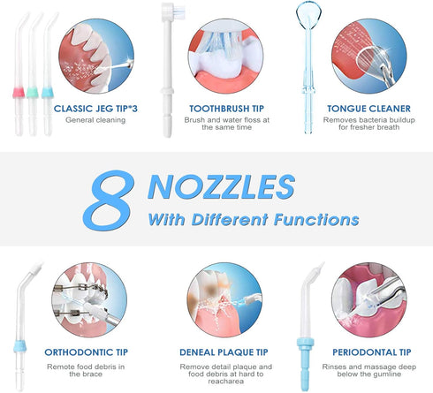 TUREWELL Water Flossing Oral Irrigator - 600ML Dental Cleaner with 10 Adjustable Pressure, 8 Tips
