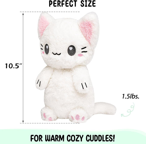 White Cat Microwavable Heating Pad, 1.5 lbs Unscented Plush Pillow for Women & Kids, Cute Hot & Cold Plushie