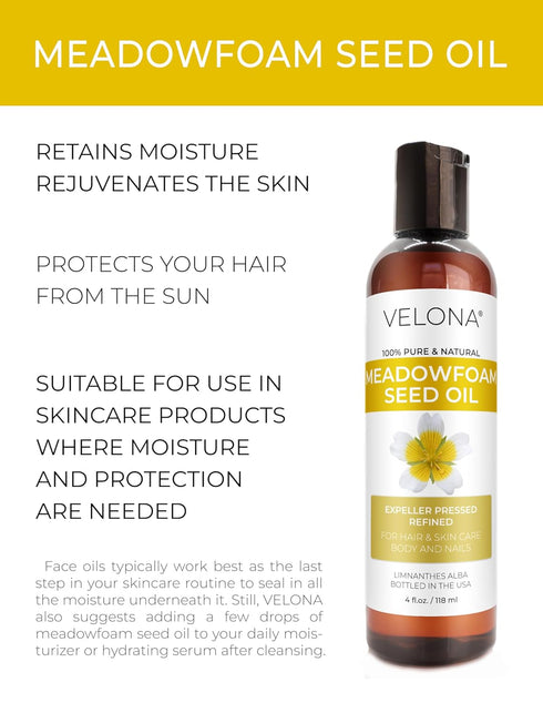 Velona Meadowfoam Seed Oil 4 Fl Oz - 100% Pure and Natural Carrier Oil for Cooking, Skin, Hair, Body & Face
