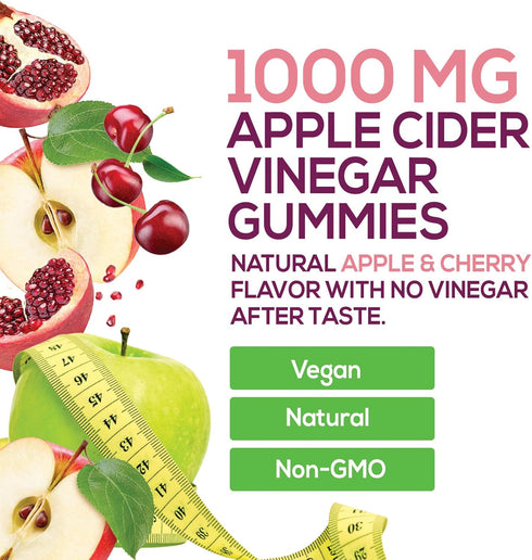 Vegan Apple Cider Vinegar Gummies | Max Strength 1000mg | Gelatin-Free, Vegan, Non-GMO, with Beet Root & B12