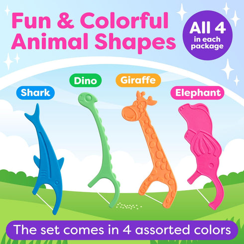 Kids Flossers 4 Pack (200 Total), Cute Animal Shapes, Floss Picks for Kids, Bubble Gum Flavored