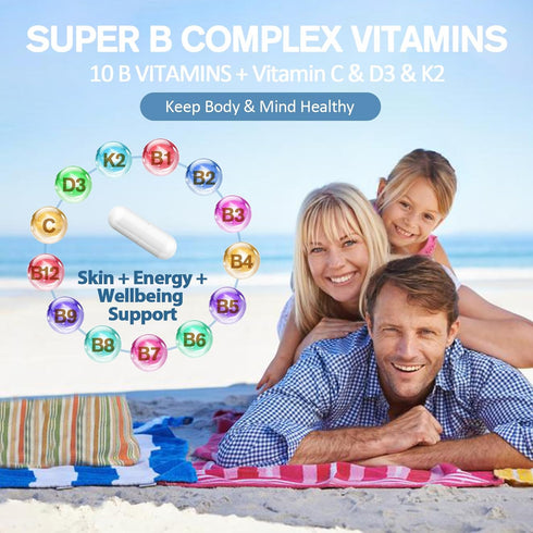 13-in-1 Vitamin B Complex Plus with B1, B2, B3, B4, B5, B6, B7, B8, B9, B12, C, D3, K2 - Energy, Nerve, Immune, Skin