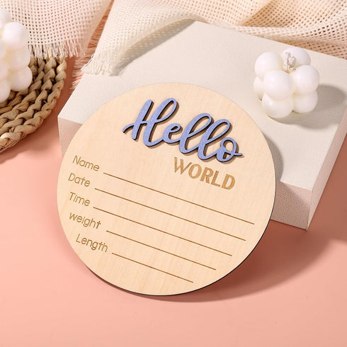 NQEUEPN 5.9 Inch/15cm Newborn Announcement Sign, Wooden Hello World Plaques Baby Welcome Sign Birth Newborn Name