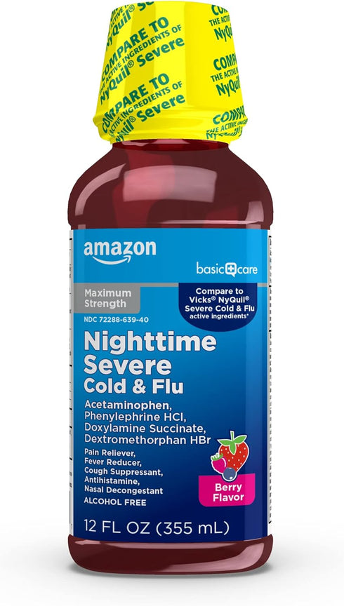 Amazon Basic Care Nighttime Severe Cold and Flu Syrup, Max Strength, Mixed Berry, 12 fl oz