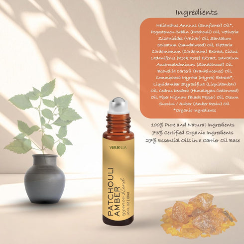 VeraNua Amber Patchouli Perfume Oil Roll On Bottle - Alcohol Free for Men & Women, Warm, Earthy & Exotic Aroma Essence