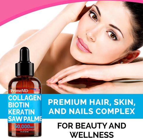 Liquid Collagen Peptides for Women - Complex with Biotin Vitamin, Hydrolyzed Keratin Protein & Saw Palmetto - 2fl oz