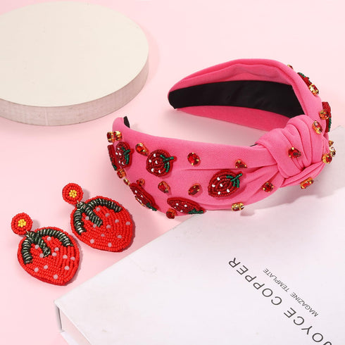 Strawberry Headbands for Women, Tropical Fruit Embellished Rhinestone Crystal Wide Top Knot Headband, Summer Hair