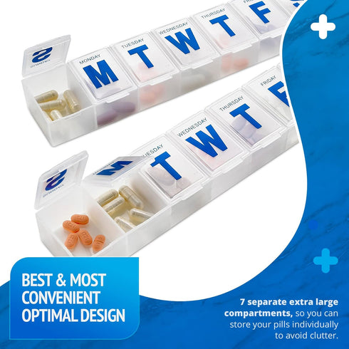 Weekly Pill Organizer - 7-Day Extra Large Pill Planner and Daily Medicine Reminder, BPA Free Travel Pill Box (Pack of 4)