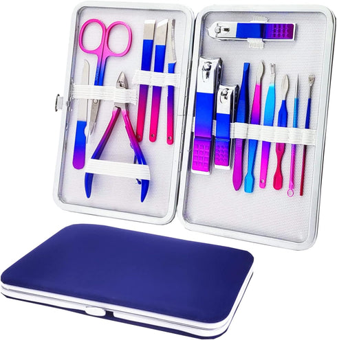 Manicure Set, Professional Nail Clippers Kit, Pedicure Care Tools, 15PC Stainless Steel with Blue Travel Case