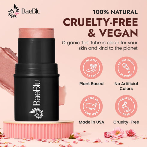 Organic Blush Tube, Rose - 100% Natural Vegan Cream Blush Sticks, Multi-Use Bronzer & Highlighter for Lips, Cheeks &