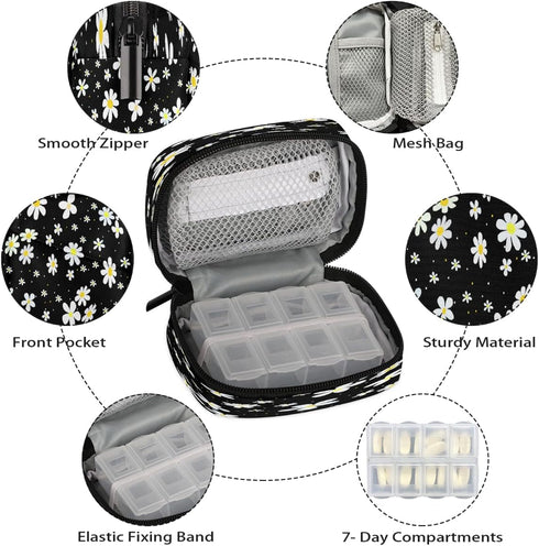 Skerhhux 7 Flower Chrysanthemum Black Pill Case Travel Pill Organizer Weekly Day Portable with Zipper Medicine Box Pill