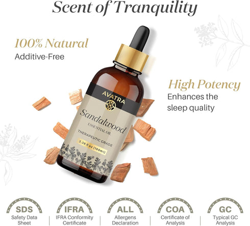Avatra Sandalwood Essential Oil 3.38 Fl Oz - Natural Oil for Skin, Aromatherapy, Diffuser, Soap, Candle Making