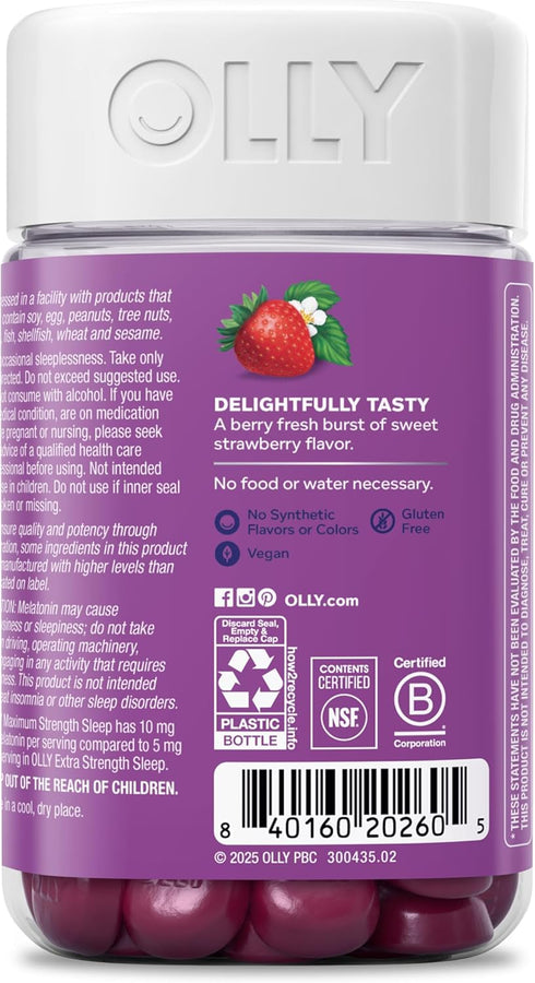 Gummy, 10mg 70 Count OLLY Max Strength Sleep Melatonin, L-Theanine, Chamomile, Lemon Balm, Sugar Free, Vegetarian Sleep