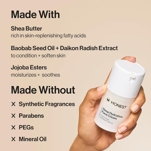 Honest Beauty Deep Hydration Face Cream for Dry Skin, Hydrates + Supports Natural Moisture Barrier, 1.7 fl oz