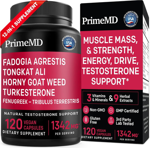 PrimeMD 12-in-1 Fadogia Agrestis and Tongkat Ali for Men, Testosterone Supplement for Men with Horny Goat Weed, Men's