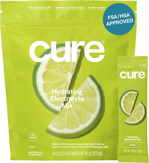 Cure Hydration Plant-Based Electrolyte Drink Mix, No Added Sugar, Coconut Water, Vegan, 14 Packets - Lime
