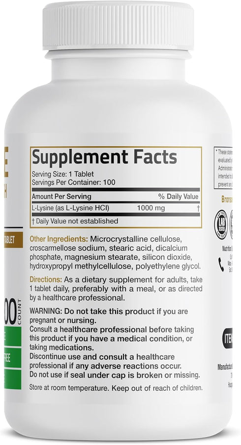 Bronson L-Lysine Extra Strength 1000 MG Tablets, Immune Support & Collagen Synthesis, Non-GMO