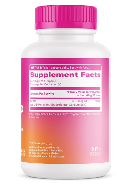 Pink Stork Folate: Methyl Folate, Natural Form of Folic Acid for Pregnancy, 60 Capsules