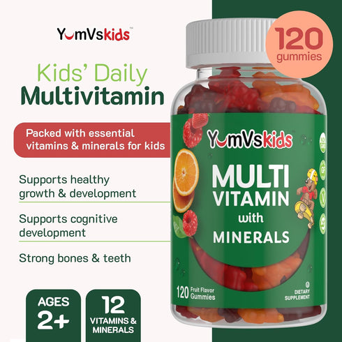 YumVs Kids Multivitamin Gummies - 120 Count, Fruit Flavored Chewable Children's Multivitamin with 12 Minerals &